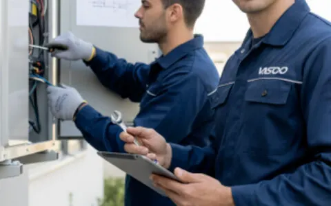 Técnicos de mantenimiento eléctrico revisando tablero de control