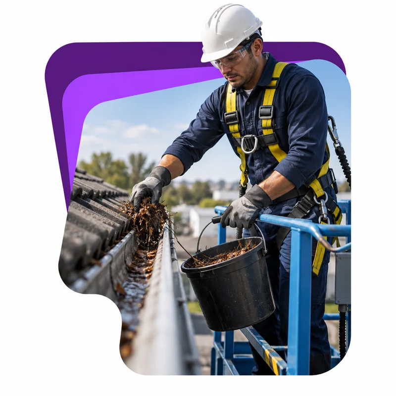 Técnico con arnés limpiando una canaleta desde una plataforma