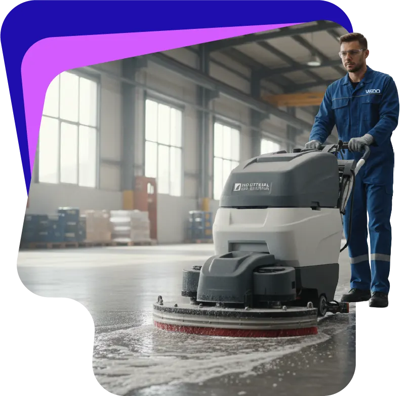Limpieza de un piso industrial con máquina abrillantadora