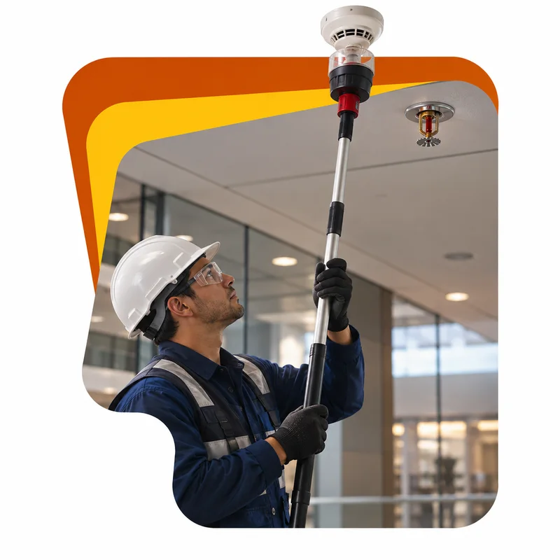Técnico comprobando un detector de humo con una pértiga de prueba