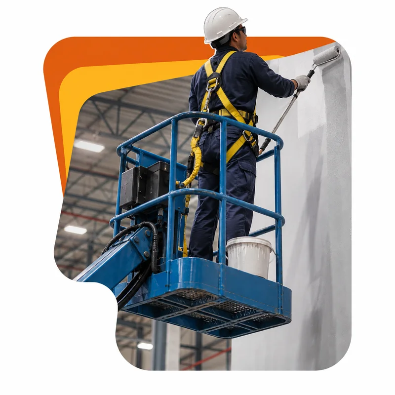 Técnico con arnés pintando un muro desde una plataforma elevadora