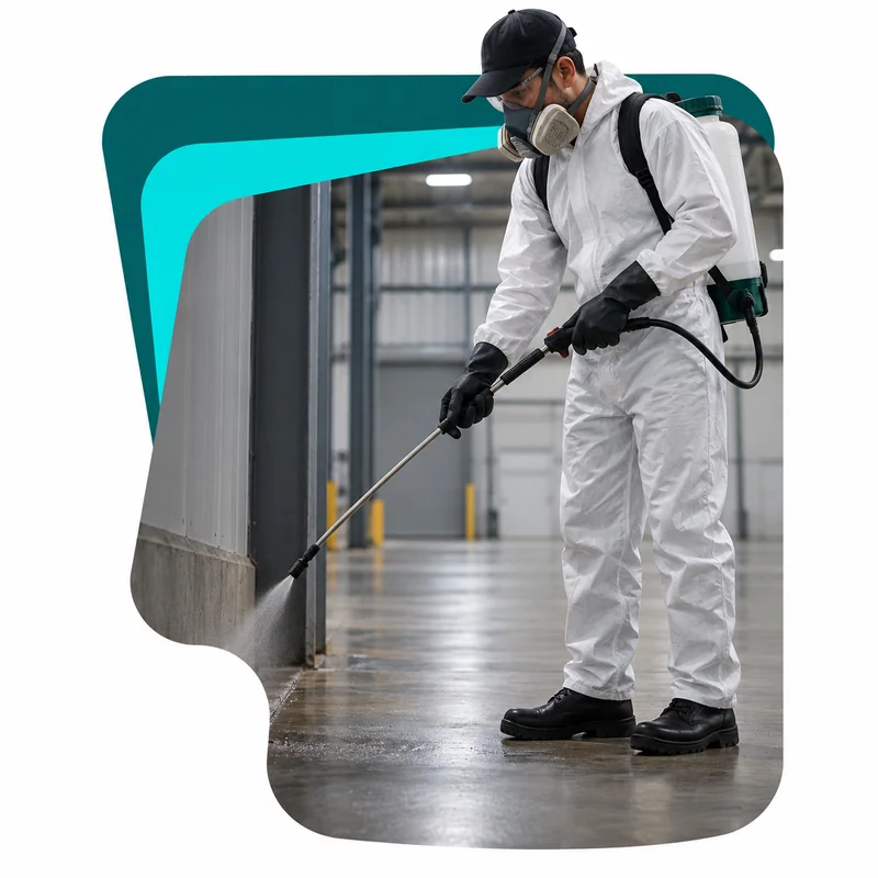 Técnico con protección personal aplicando tratamiento de desinsectación